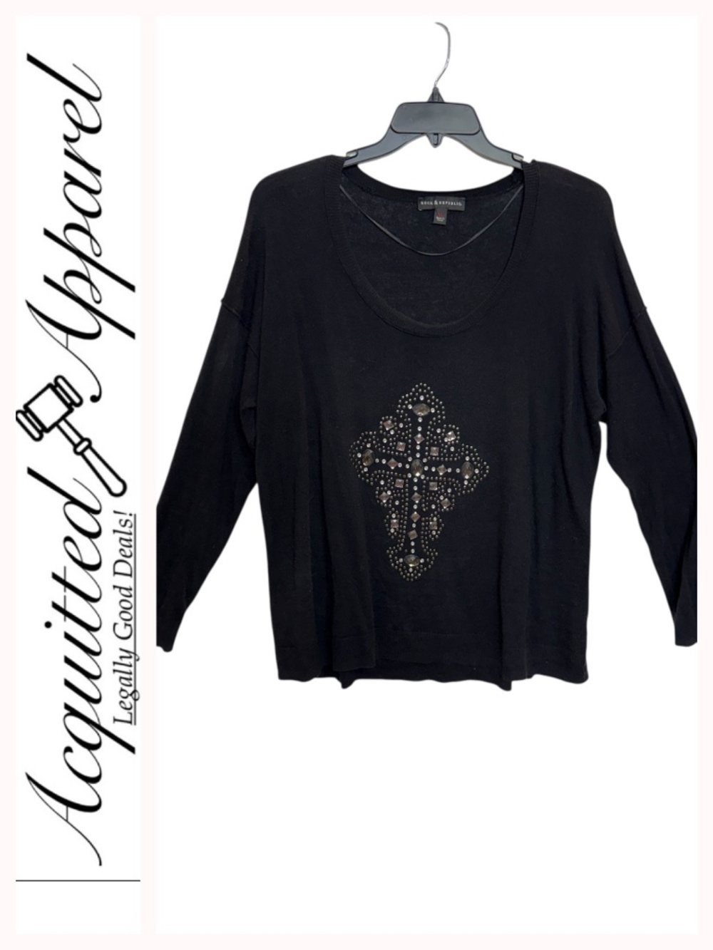 Rock & Republic Black Studded Rhinestones Cross Scoop Neck Long Sleeve Tee
